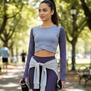 Zengjo Women's Activewear Crop Top Long Sleeve Purple Blue Cross Front Yoga
